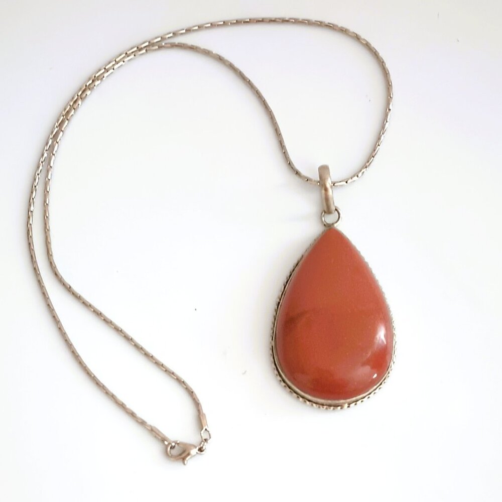 Vtg Teardrop Sandstone Necklace 17" Silver Cabochon Pendant Rope Trim Jewelry